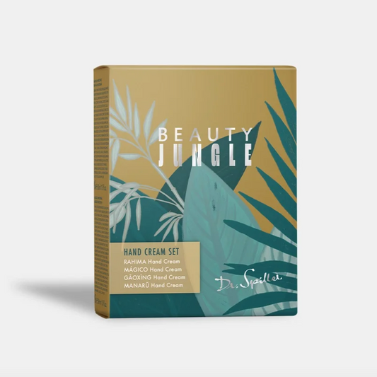Hand cream set packaging with 'Beauty Jungle' branding on a beige background